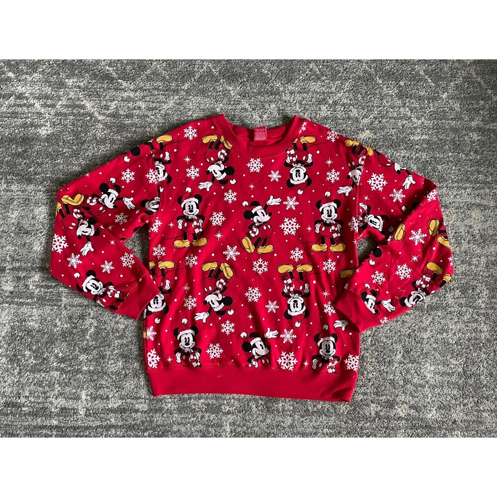 Disney Womens S (3-5) Sweatshirt Mickey Mouse Red Christmas Snowflakes New